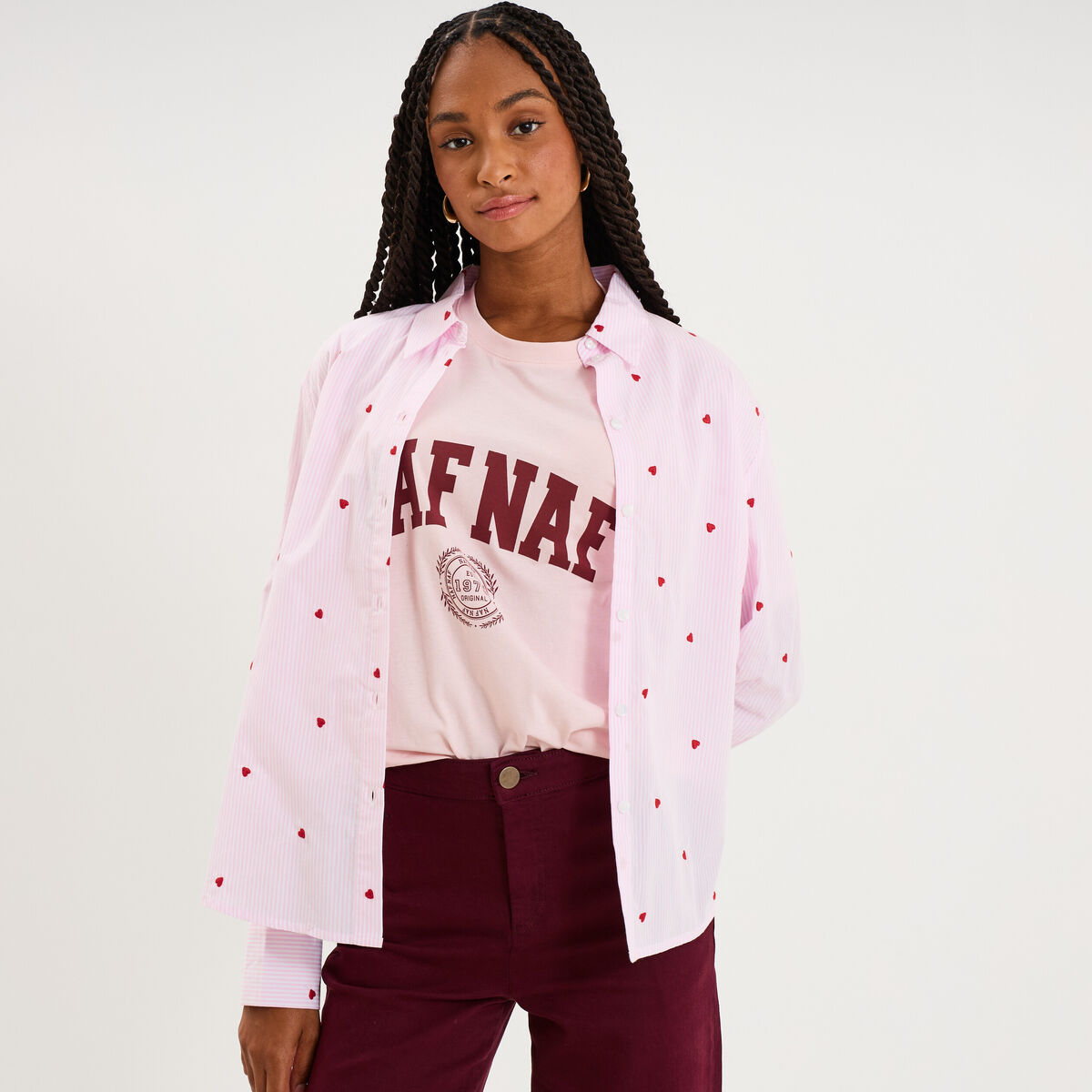 Chemise brod&eacute;e manches longues rose femme
