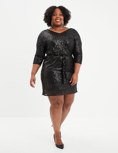 Robe évasée à sequins manches 3/4 noir femme grande taille