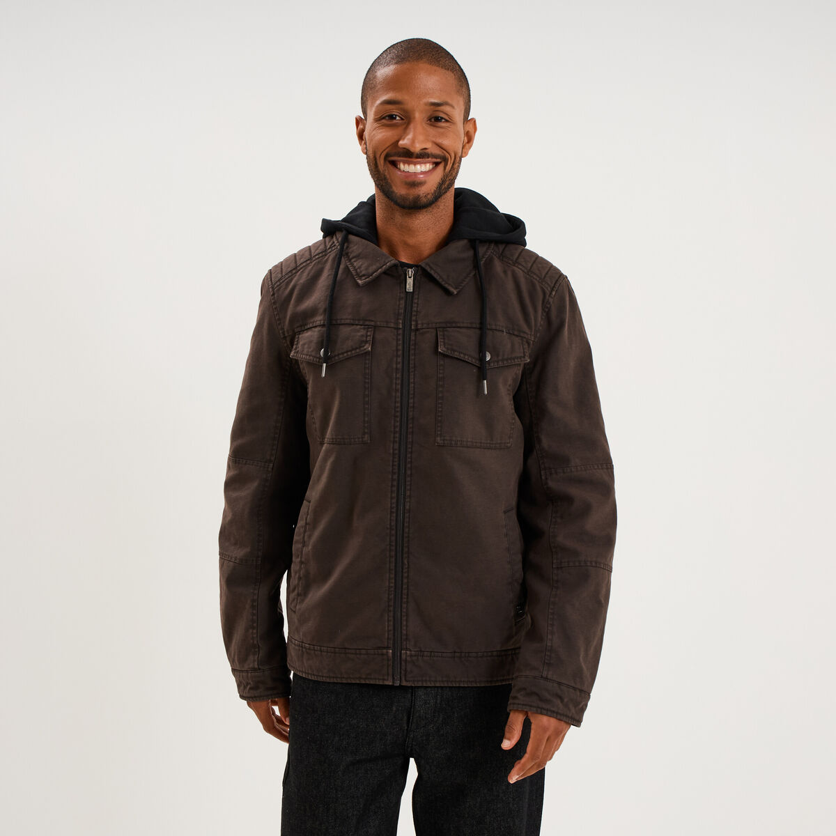 Veste doubl&eacute;e capuche amovible en coton marron fonc&eacute; homme