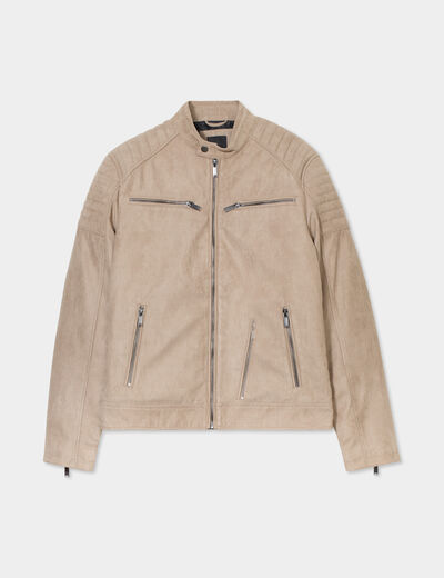 Blouson motard suédine doublé taupe homme