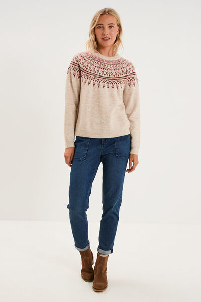 Pull jacquard col rond manches longues ecru femme