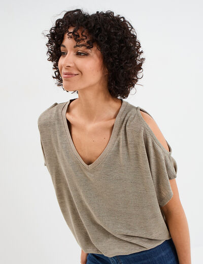 T-shirt épaules ouvertes col en V vert kaki femme