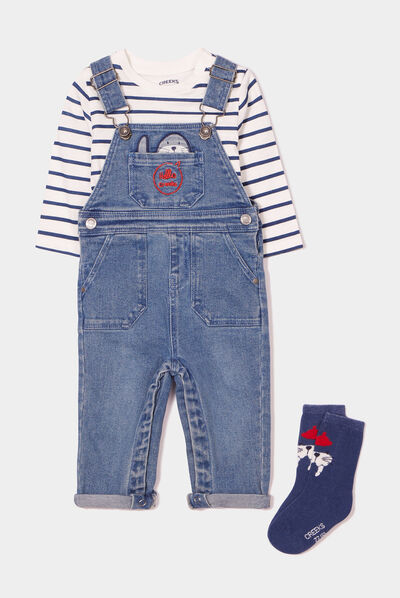 Ensemble t-shirt salopette chaussettes ecru bébé garçon