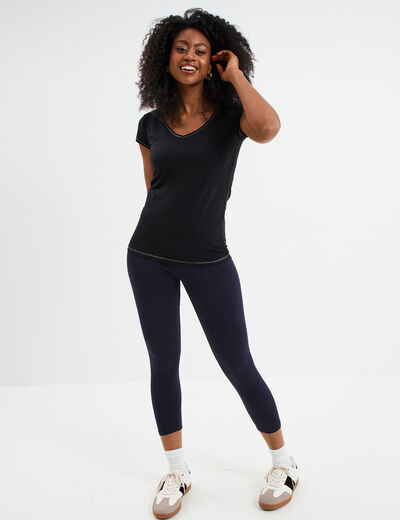 T-shirt col V ajusté manches courtes noir femme