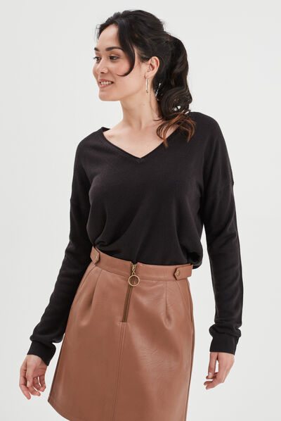 Pull col en V manches longues noir femme