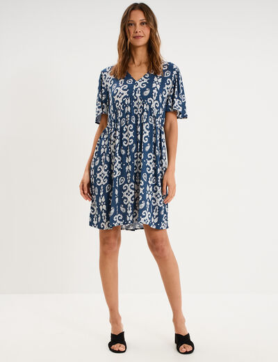 Robe fluide genou col en V bleu marine femme
