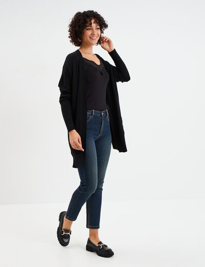 Gilet mi-long manches longues noir femme