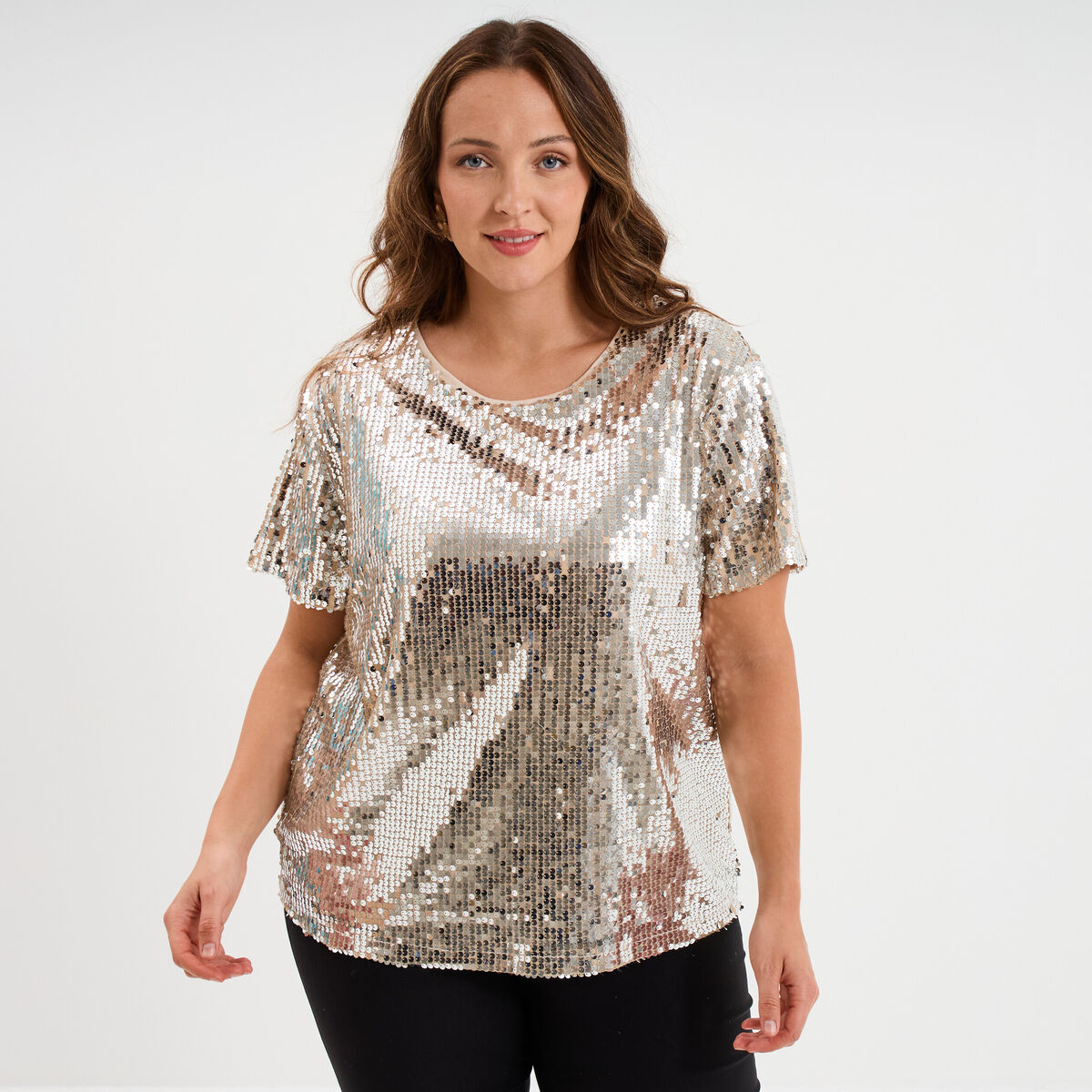 T-shirt &agrave; sequins manches courtes jaune or femme grande taille