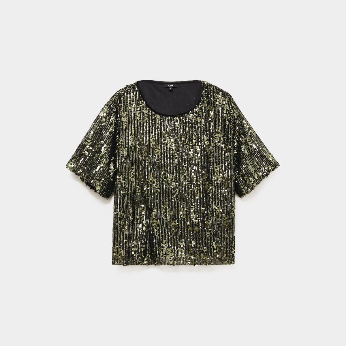 T-shirt &agrave; sequins manches courtes droit vert olive femme