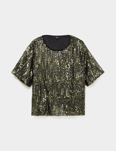 T-shirt &agrave; sequins manches courtes droit vert olive femme