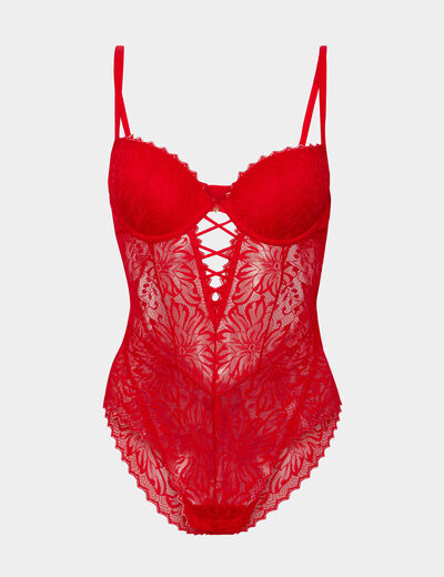 Body padd&eacute; dentelle avec la&ccedil;age rouge femme