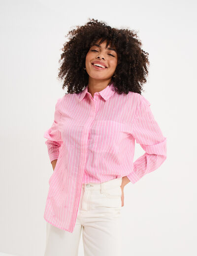 Chemise droite brod&eacute;e coton rose femme