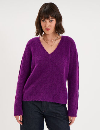 Pull col V ajour&eacute; manches longues violet fonc&eacute; femme