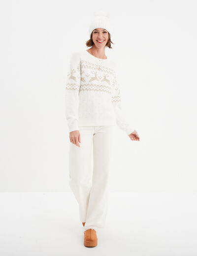 Pull No&euml;l col rond manches longues blanc femme