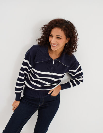 Pull col camionneur zipp&eacute; bleu marine femme