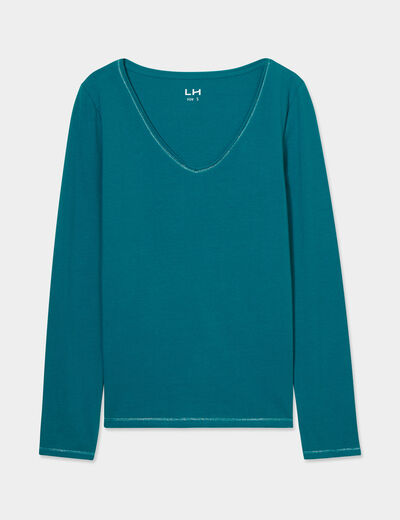 T-shirt manches longues col en V coton bleu canard femme