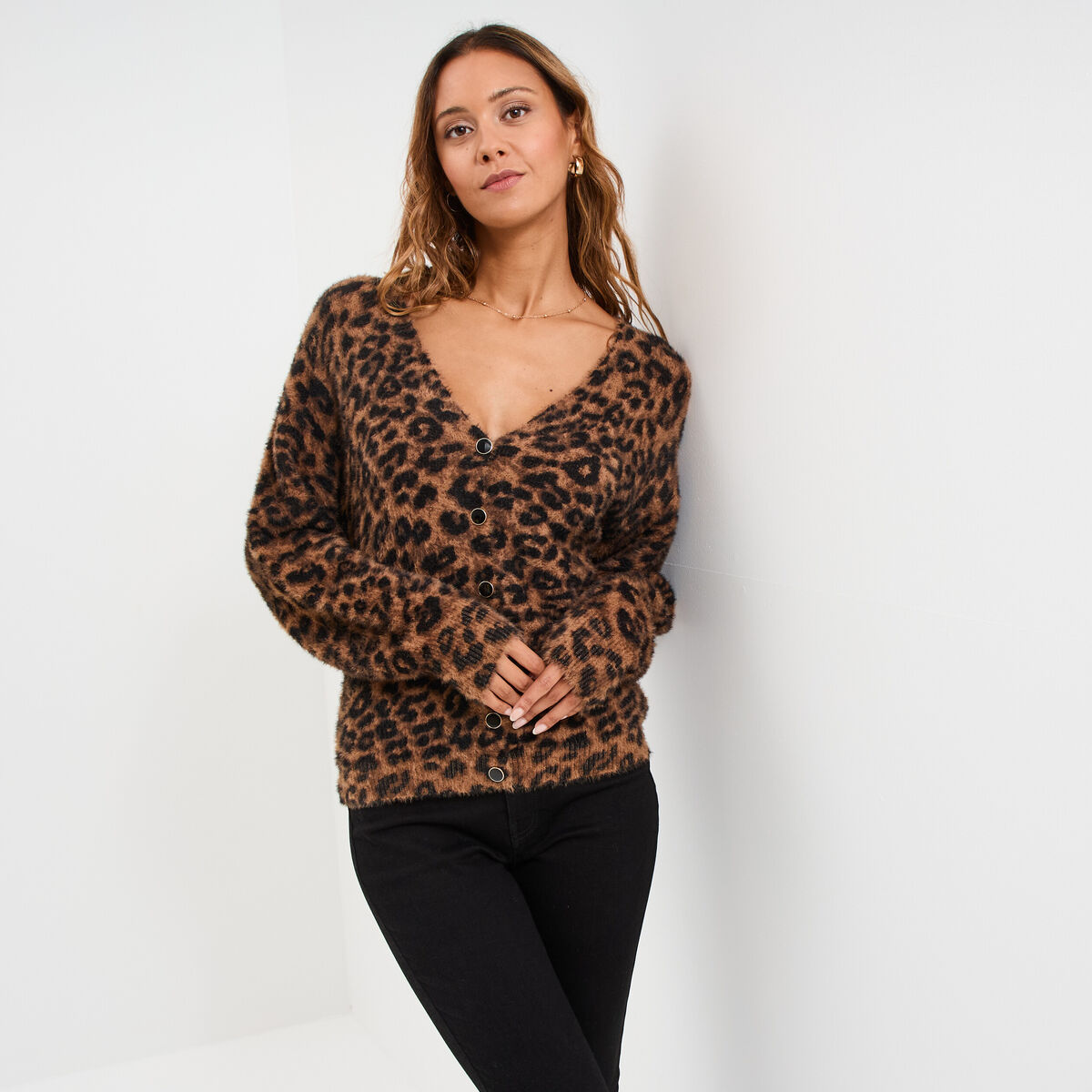 Gilet col en V manches longues camel femme