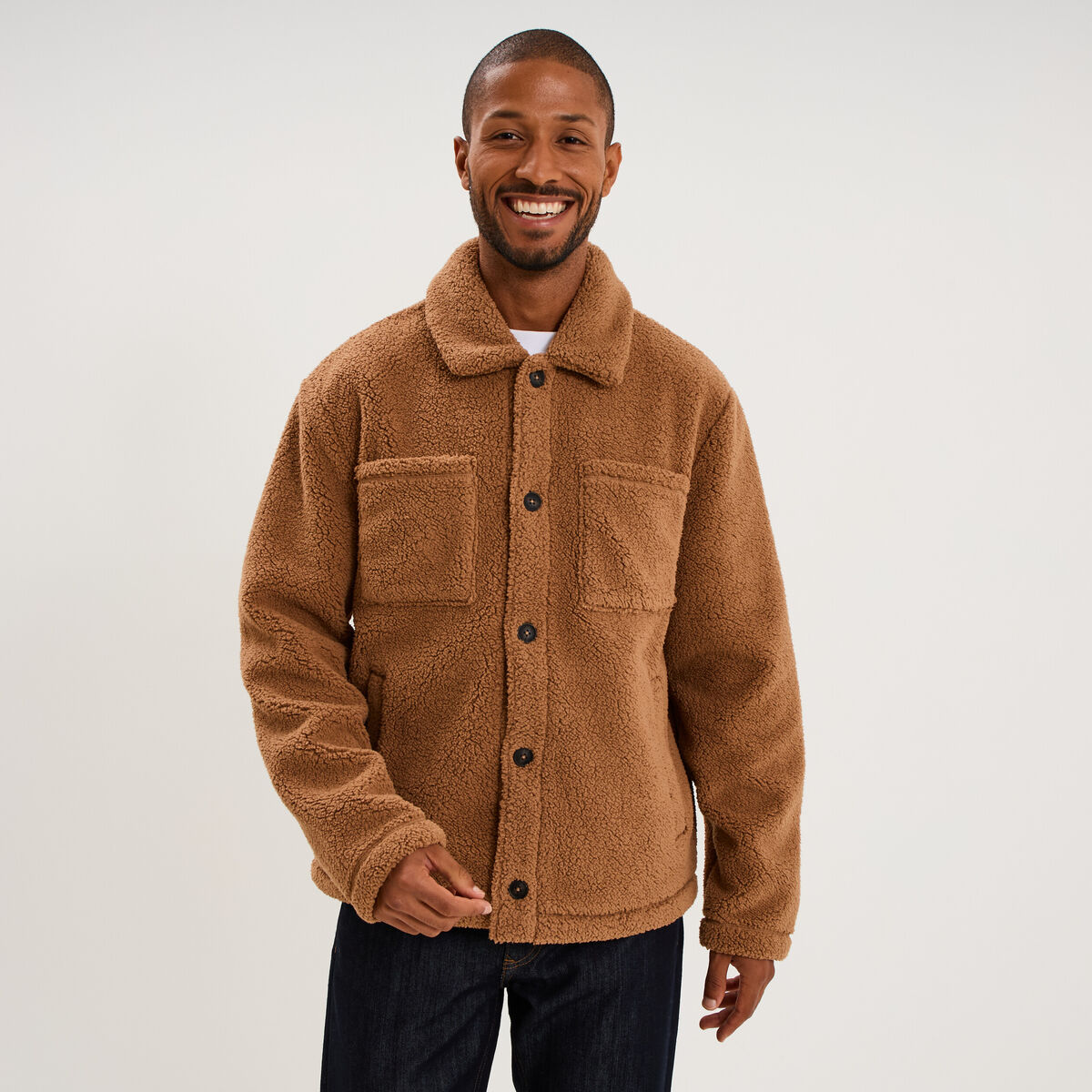 Veste sherpa polaire boutonn&eacute;e marron homme