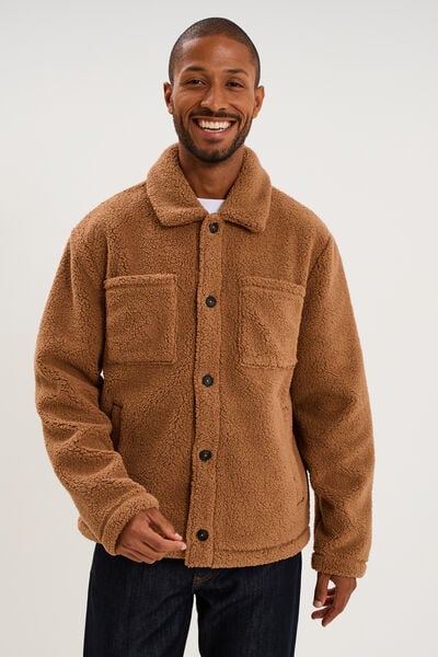 Veste sherpa polaire boutonn&eacute;e marron homme
