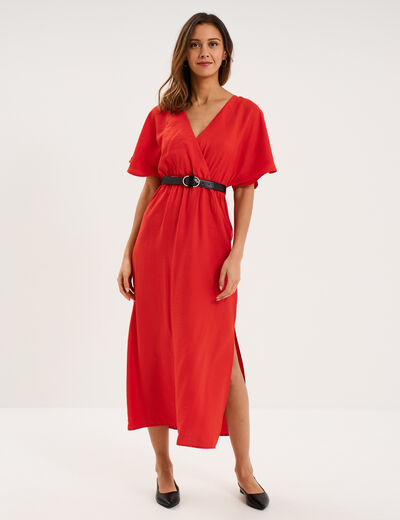 Robe longue col cache-coeur rouge femme