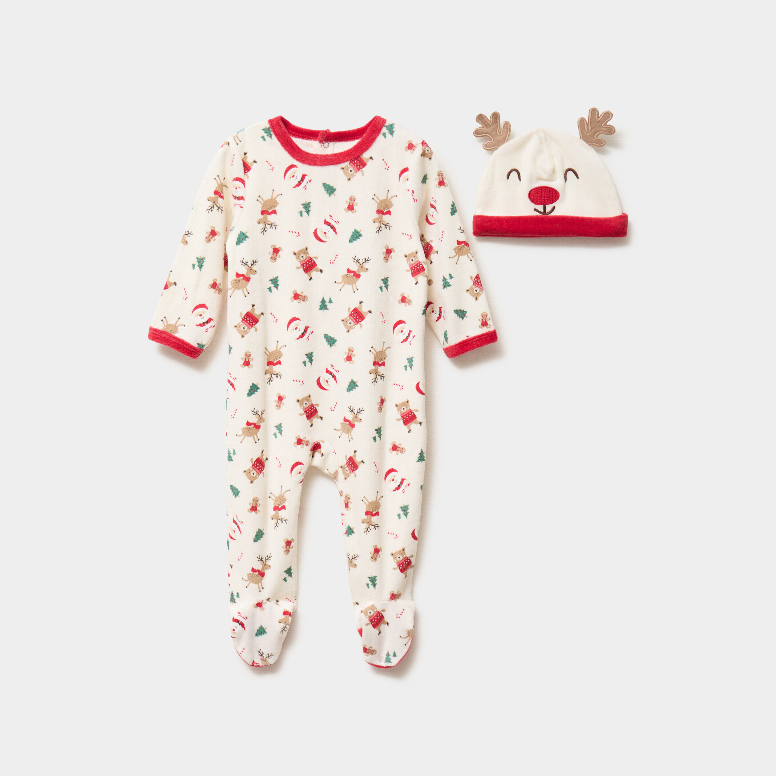 Ensemble dors-bien velours bonnet Noël ecru bébé