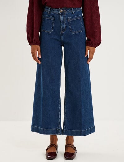 Jean large cropped poches plaqu&eacute;es denim stone femme