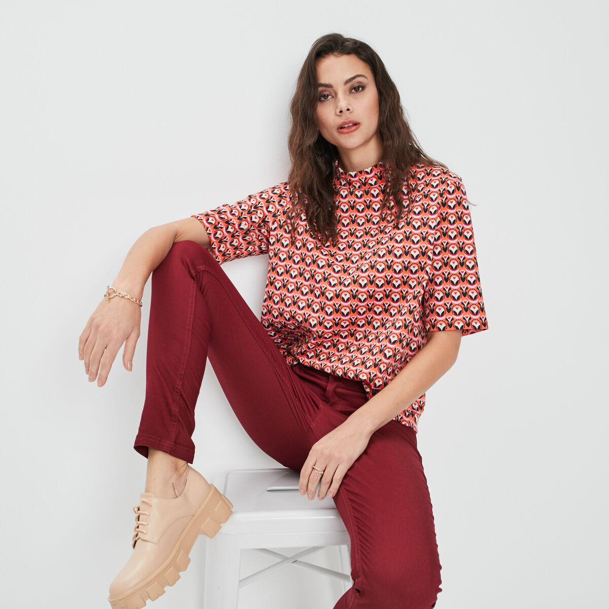 T-shirt avec col montant orange corail femme