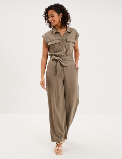 Combinaison pantalon lin m&eacute;lang&eacute; vert kaki femme