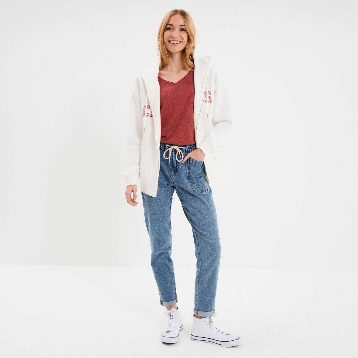 Sweat zipp&eacute; &agrave; capuche blanc femme