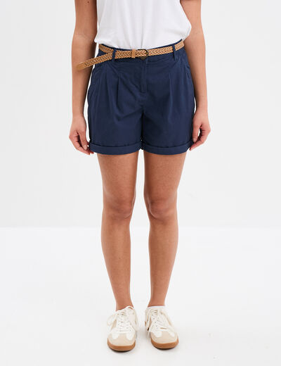 Short chino ceinture tress&eacute;e bleu marine femme