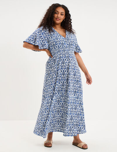 Robe longue col V manches papillons ecru femme grande taille