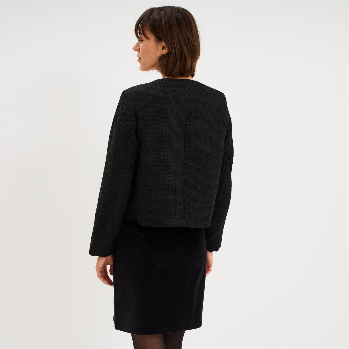 Veste droite boutonn&eacute;e tweed&eacute;&eacute; noir femme
