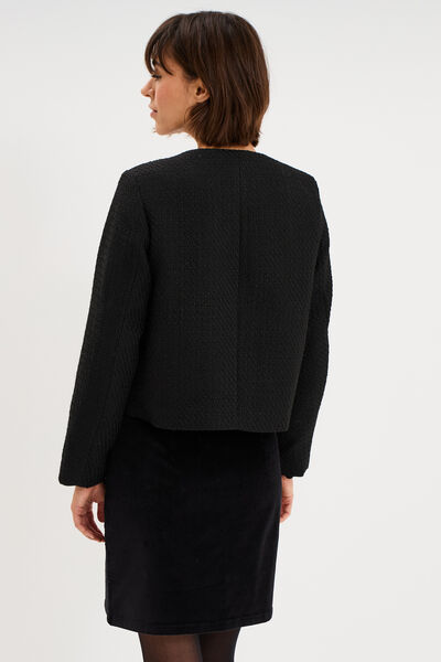 Veste droite boutonn&eacute;e tweed&eacute;&eacute; noir femme