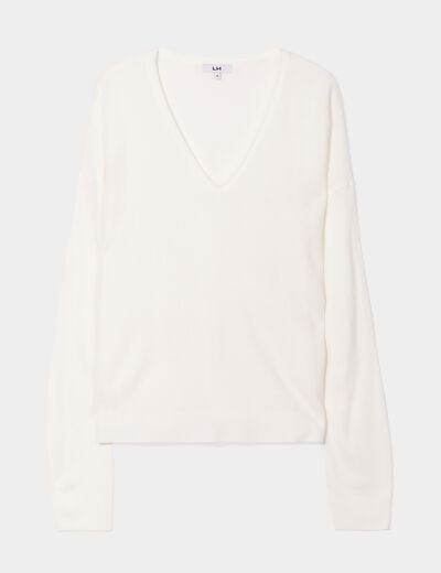 Pull col en V manches longues blanc femme