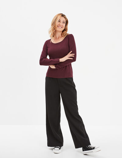 T-shirt coton col rond manches longues prune femme