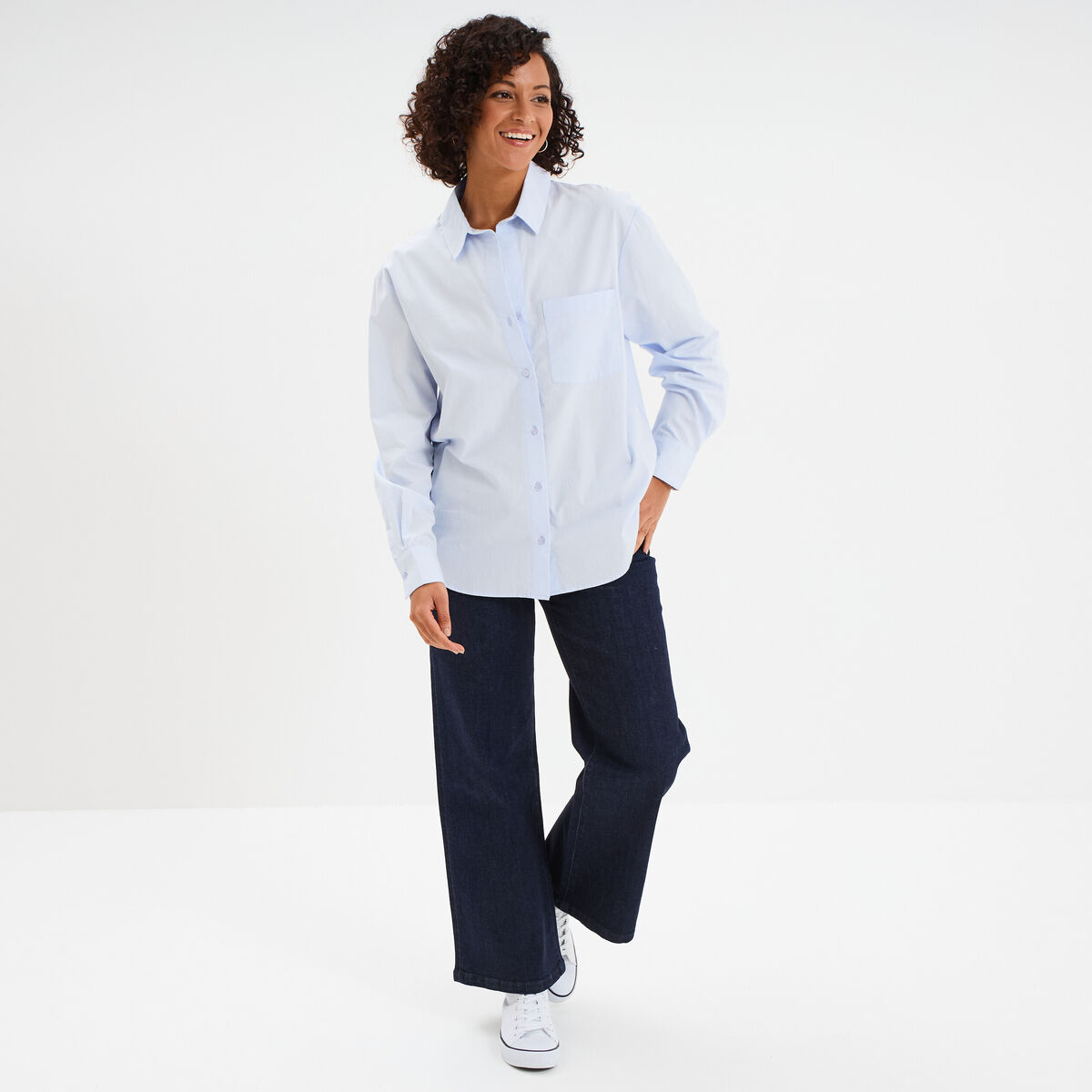 Chemise oversize 1 poche coton bleu ciel femme
