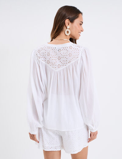 Blouse col tunisien broderie anglaise blanc femme
