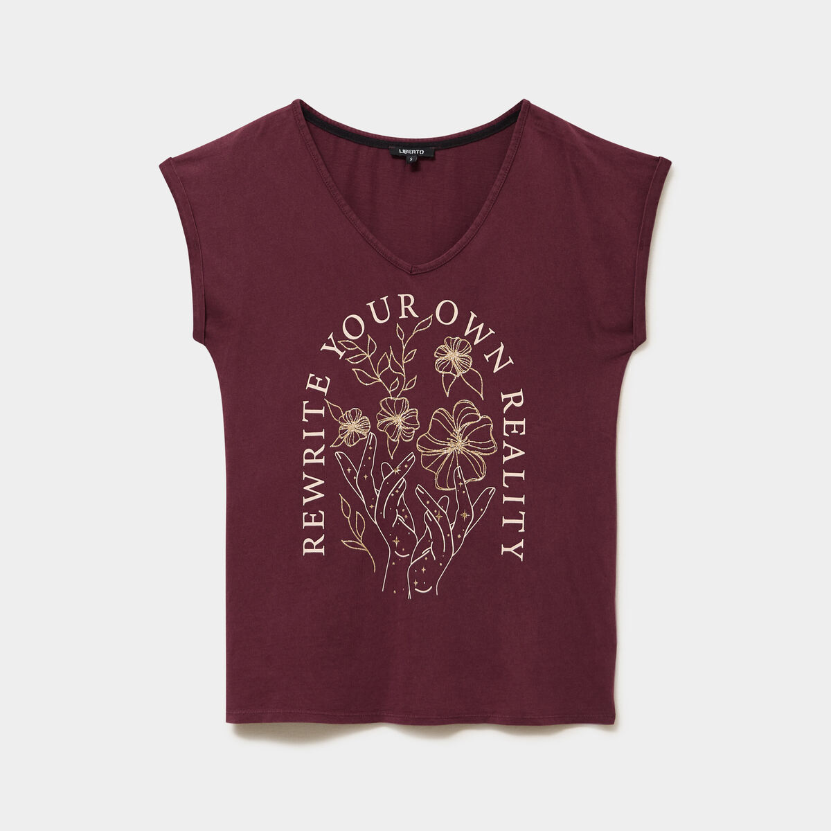 T-shirt coton col en V manches courtes violet fonc&eacute; femme