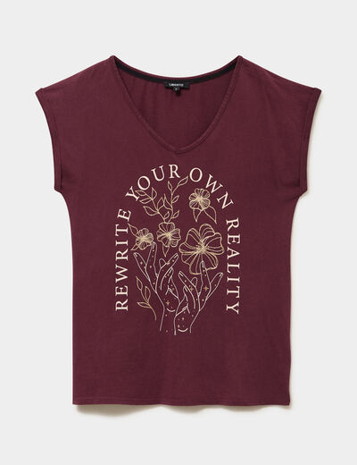 T-shirt coton col en V manches courtes violet fonc&eacute; femme