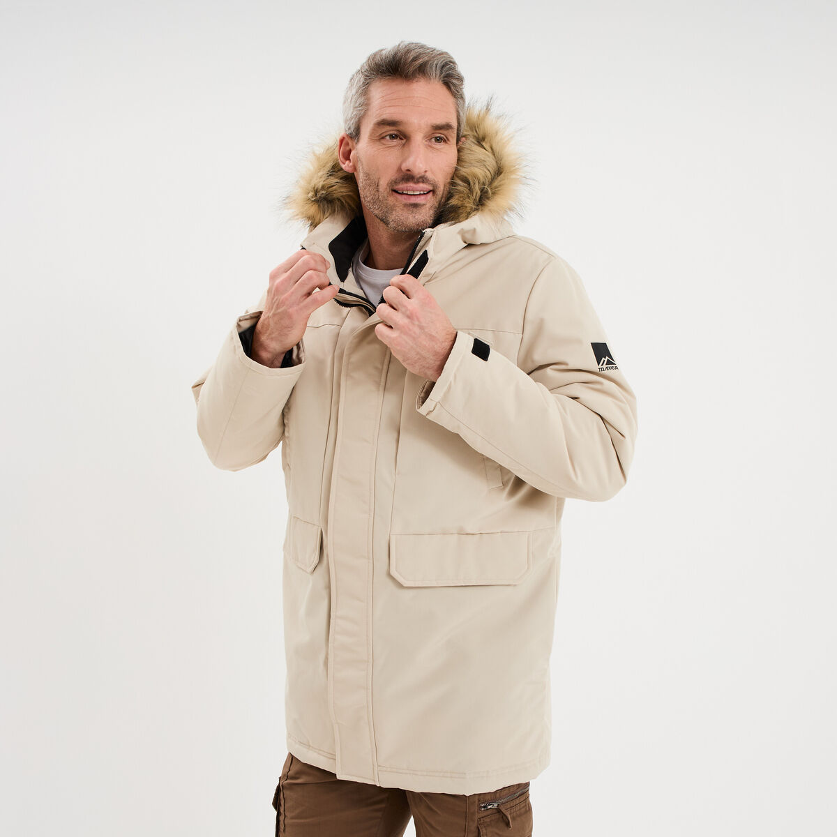 Parka &agrave; capuche fausse fourrure gris argent homme