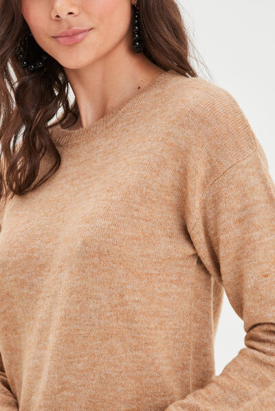 Pull col rond manches longues marron clair femme