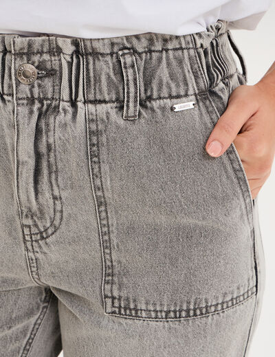 Jean paperbag cropped taille &eacute;lastiqu&eacute;e denim gris femme