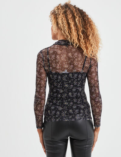 T-shirt transparent col montant noir femme