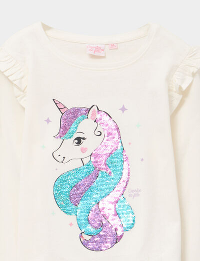 T-shirt à sequins manches longues coton ivoire fille