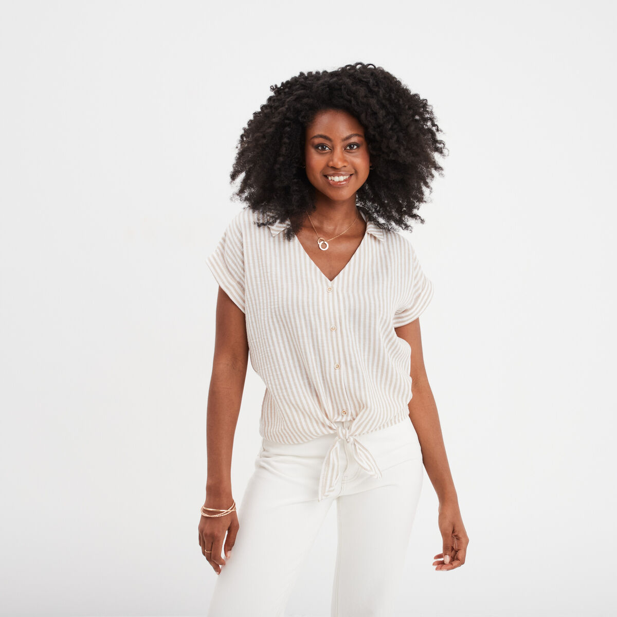Blouse nouée ajustée manches courtes beige femme