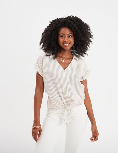 Blouse nouée ajustée manches courtes beige femme