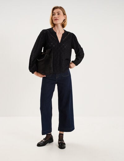 Blouse broderie anglaise col tunisien noir femme