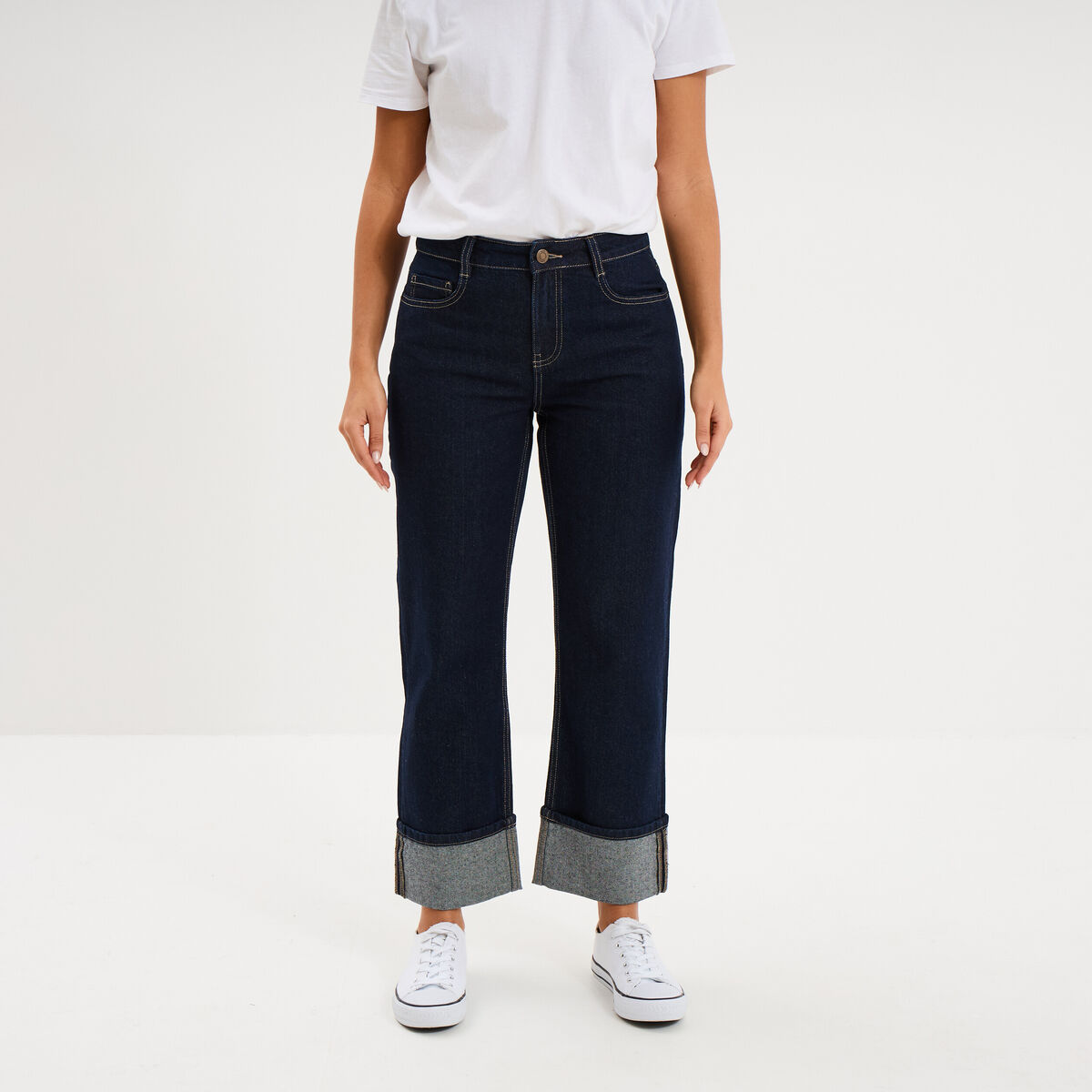 Jean droit cropped bas revers denim brut femme