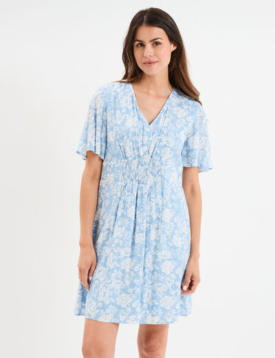 Robe courte col en V taille smock&eacute;e bleu ciel femme