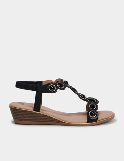 Sandales compens&eacute;es 5 cm d&eacute;tails bijoux noir femme